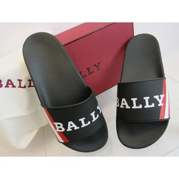 NIB BALLY SIMON BLACK RUBBER RED WHITE WEB LOGO SANDALS POOL SLIDES 9 D ITALY